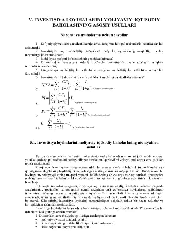 Invеstisiya Lоyihаlаrini Mоliyaviy-Iqtisоdiy Bаhоlаshni