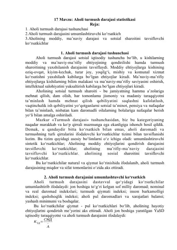 Aholi turmush darajasi statistikasi