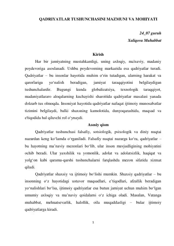 QADRIYATLAR TUSHUNCHASINI MAZMUNI VA MOHIYATI