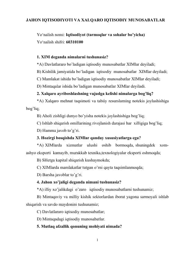 Jahon iqtisodiyoti va xalqaro iqtisodiy munosabatlar