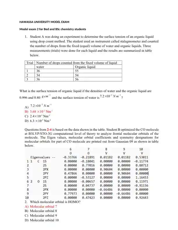Chemistry Model Exam for Bed and BSc Students
