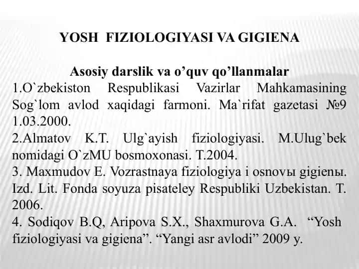 Yosh Fiziologiyasi va Gigiena