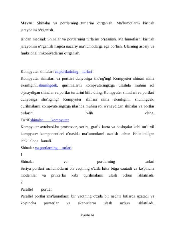 Kompyuter Shinalari va Portlari Turlari