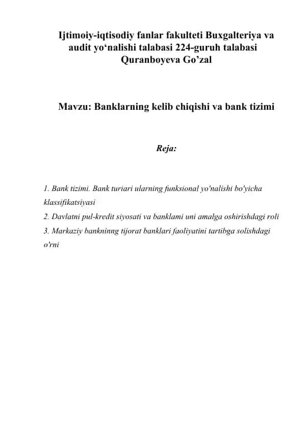 Banklarning kelib chiqishi va bank tizimi