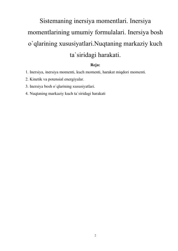Sistemaning inersiya momentlari