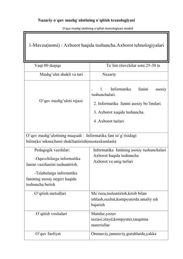 O'quv mashg'uloti "Axborot haqida tushuncha.Axborot tehnologiyalari"