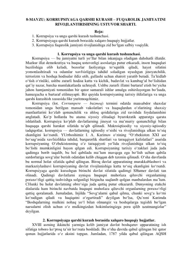 Korrupsiya va unga qarshi kurash – Fuqarolik jamiyatini rivojlandirishning ustuvor sharti