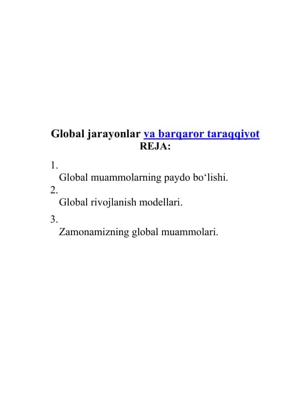 Global Jarayonlar va Barqaror Taraqqiyot