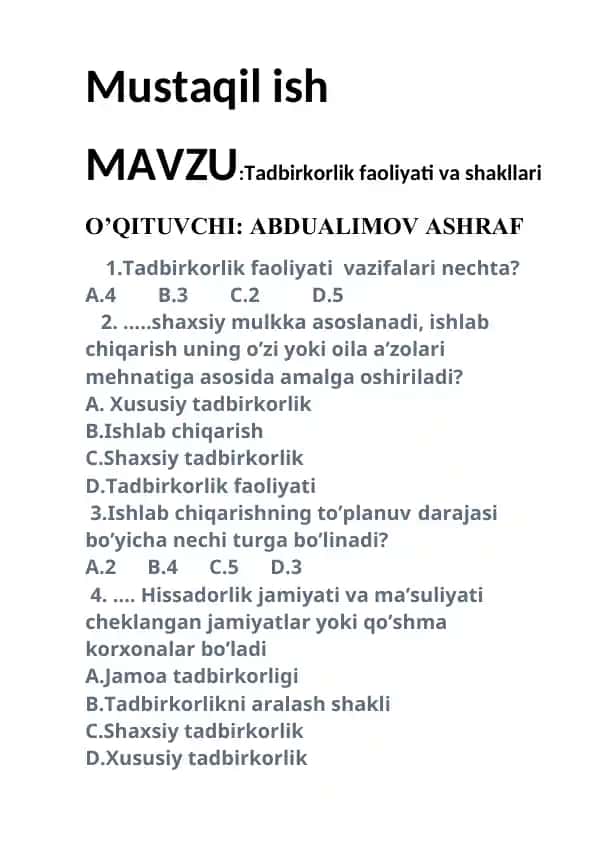 Tadbirkorlik faoliyati va shakllari - Mustaqil ish