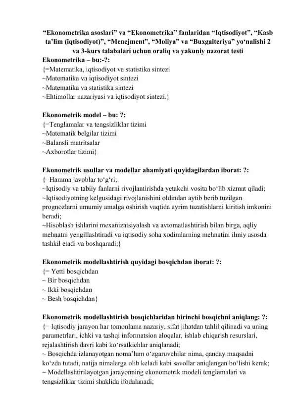 Ekonometrika asoslari nazorat testi