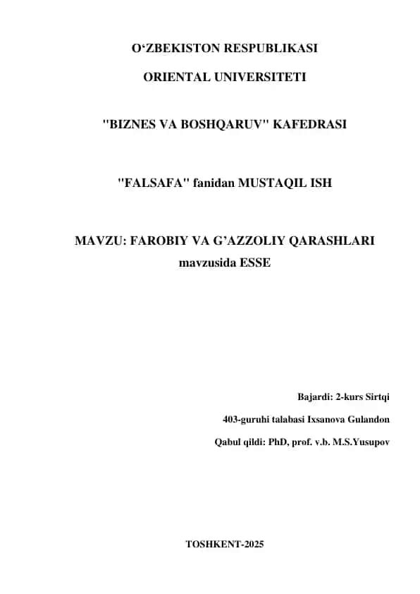 Esseda "Farobiy va G‘azzoliy qarashlari tahlili"