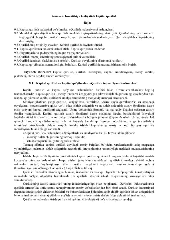 Investitsiya faoliyatida kapital qurilish