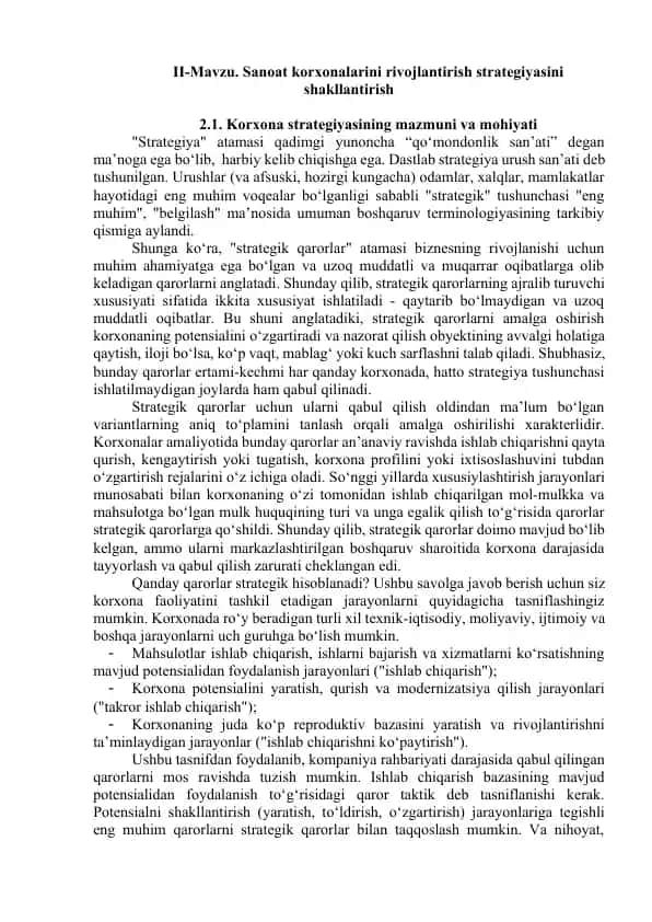 Korxona strategiyasining mazmuni va mohiyati