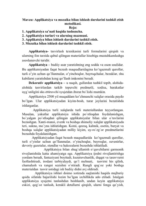 Applikatsiya va mozaika bilan ishlash darslarini tashkil etish metodikasi
