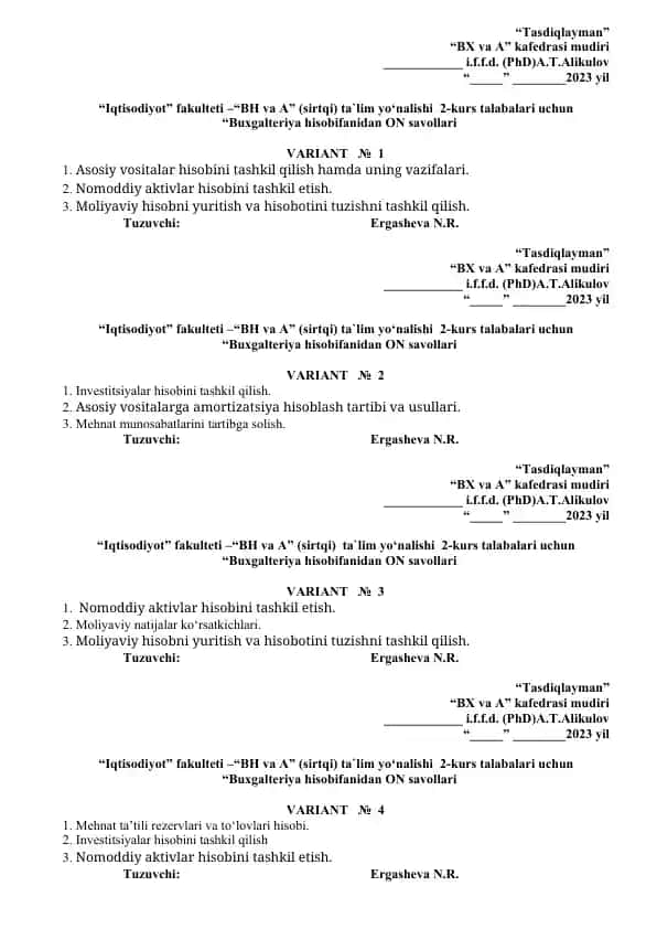 Buxgalteriya hisobifanidan ON savollari