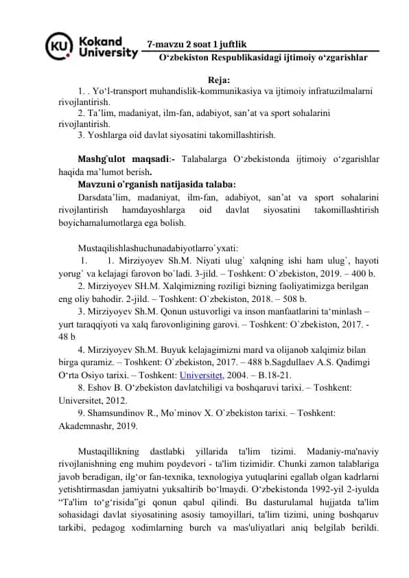 O‘zbekiston Respublikasidagi ijtimoiy o‘zgarishlar