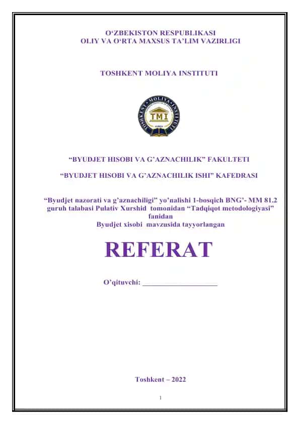 Budjet hisobi va g'aznachiligi referati