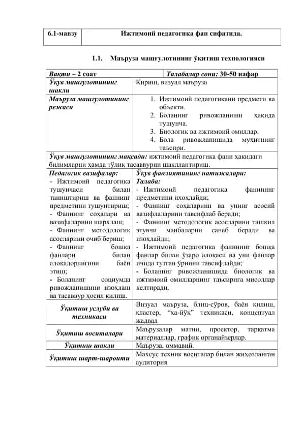 Маъруза машғулотининг ўқитиш технологияси