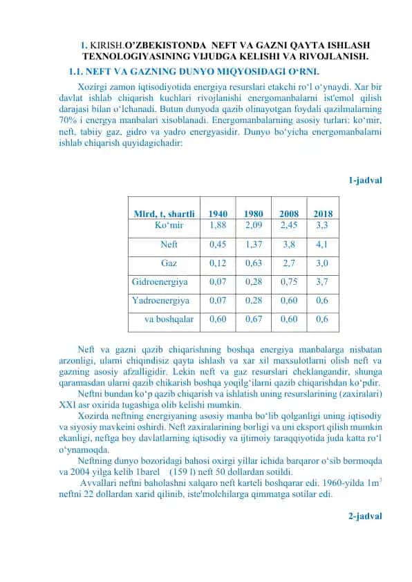 NEFT VA GAZNI QAYTA ISHLASH TEXNOLOGIYASINING VIJUDGA KELISHI VA RIVOJLANISH