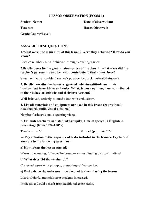 LESSON OBSERVATION (FORM 1)