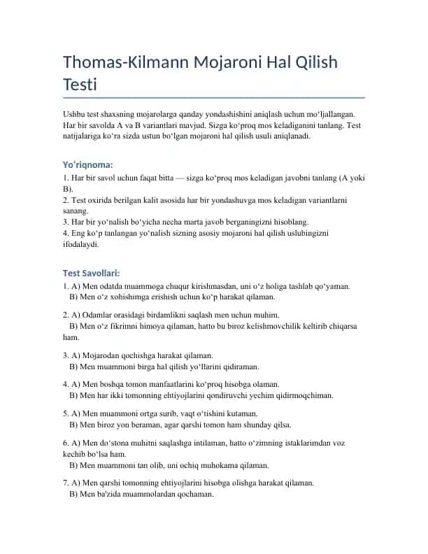 Thomas-Kilmann Mojaroni Hal Qilish Testi