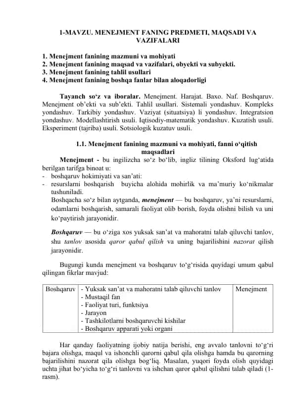 Menejment fanining predmeti, maqsadi va vazifalari