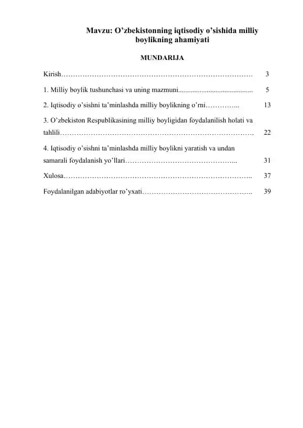 O'zbekistonning iqtisodiy o’sishida milliy boylikning ahamiyati