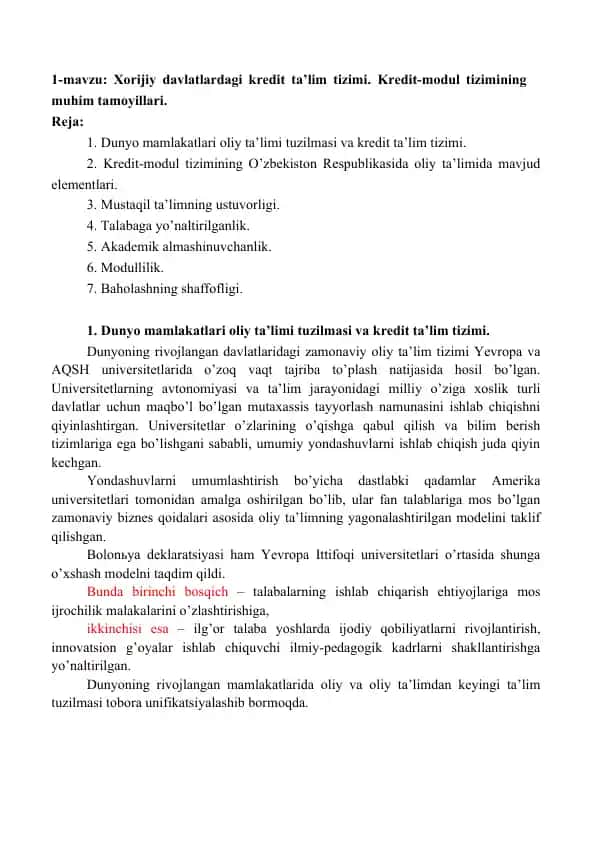 Kredit ta’lim tizimi haqida malumotlar
