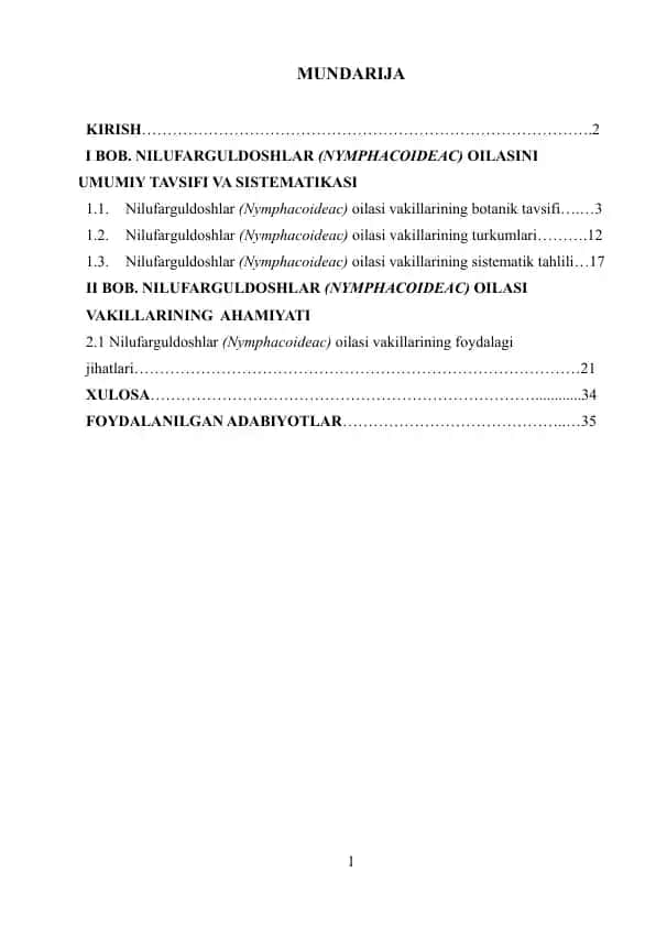 Nilufarguldoshlar (Nymphacoideac) oilasi haqida ma'lumotlar