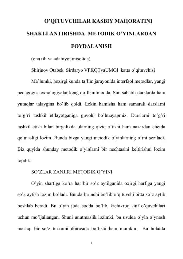 O’qituvchilar kasbiy mahoratini shakllantirishda metodik o’yinlardan foydalanish (Ona tili va adabiyot misolida)