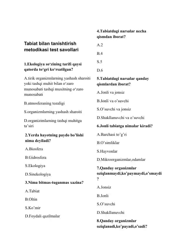 Tabiat bilan tanishtirish metodikasi test savollari