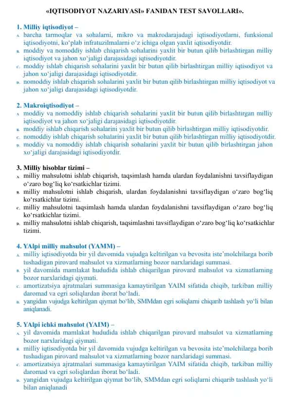 Iqtisodiyot nazariyasi fanidan testlar toplami