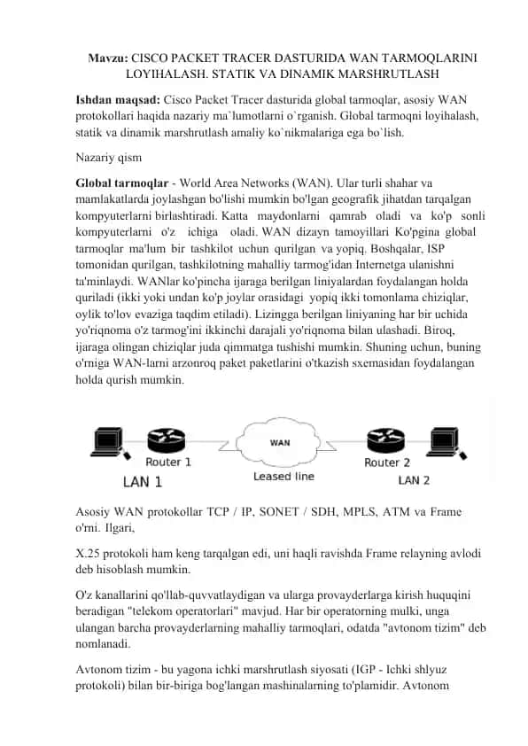 CISCO PACKET TRACER DASTURIDA WAN TARMOQLARINI LOYIHALASH. STATIK VA DINAMIK MARSHRUTLASH