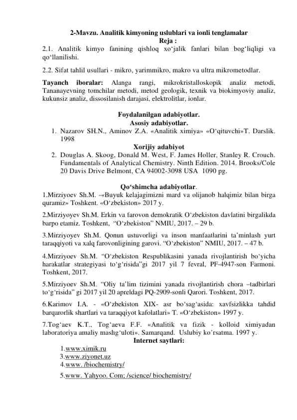 Analitik kimyoning uslublari va ionli tenglamalar