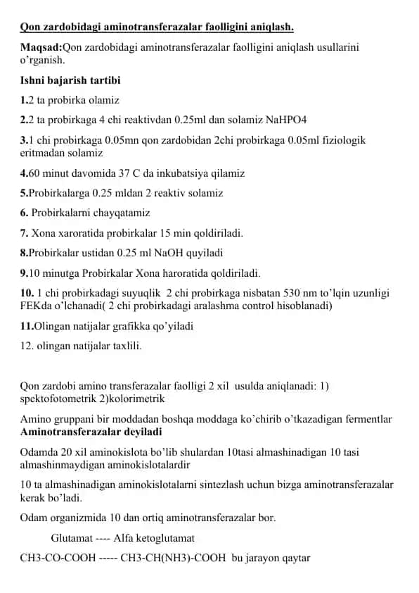 Qon zardobidagi aminotransferazalar faolligini aniqlash