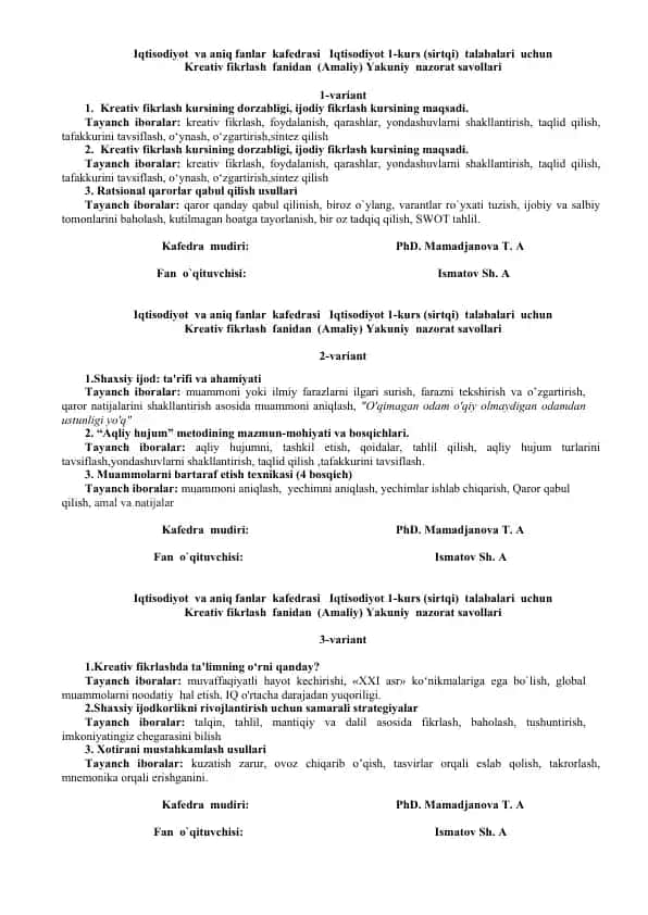 Kreativ fikrlash fanidan (Amaliy) Yakuniy nazorat savollari
