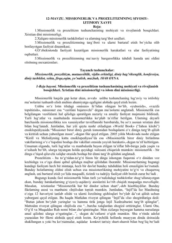 Missionerlik va Prozelitizmning Siyosiy-Ijtimoiy Xavfi