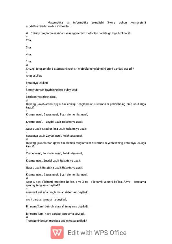 Kompyuterli modellashtirish fanidan YN testlari