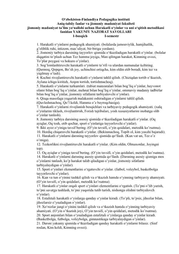 Harakatli O‘yinlar va Uni O‘qitish Metodikasi