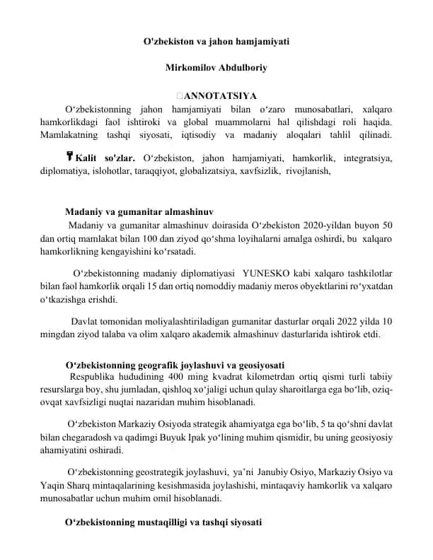 O'zbekiston va jahon hamjamiyati