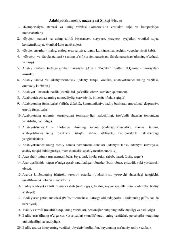 Adabiyotshunoslik nazariyasi Sirtqi 4-kurs