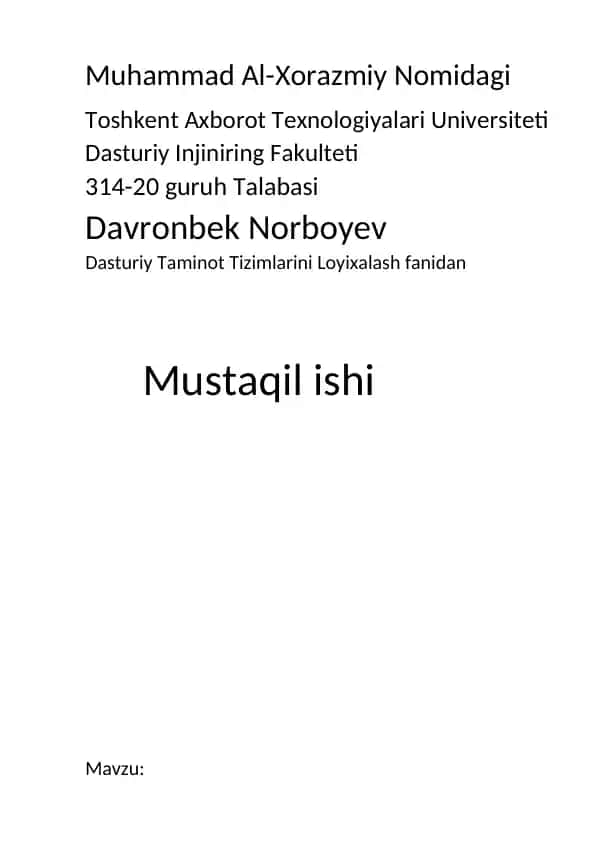 Dasturiy Taminot Tizimlarini Loyixalash fanidan Mustaqil ishi