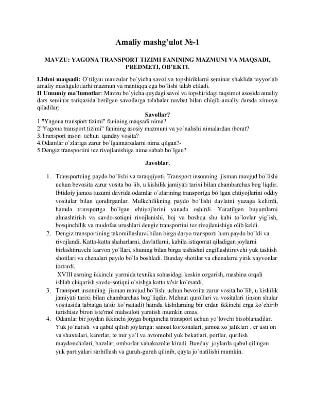 "Yagona transport tizimi fanining mazmuni va maqsadi"