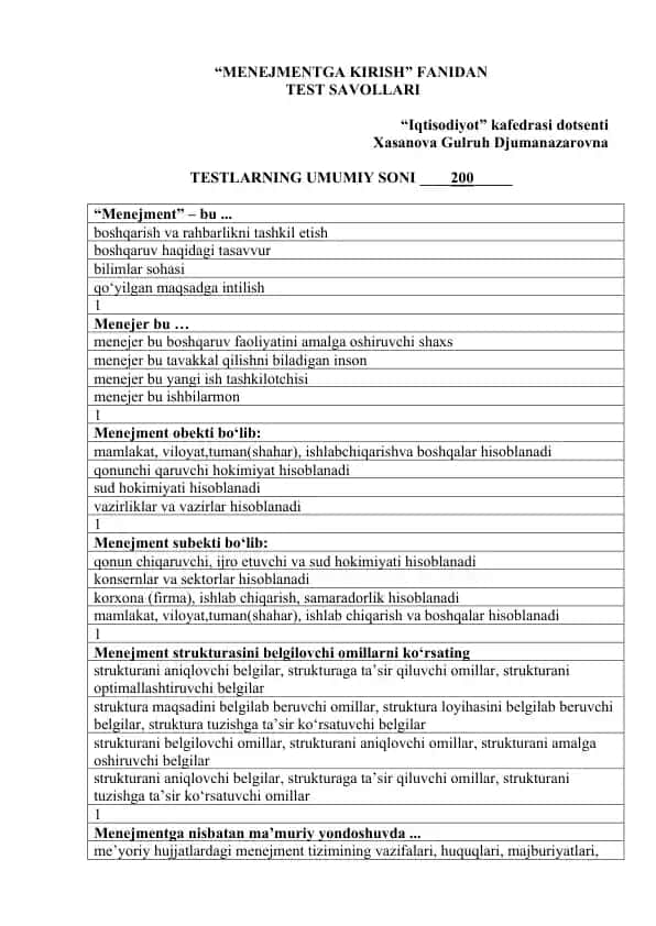 MENEJMENTGA KIRISH FANIDAN TEST SAVOLLARI