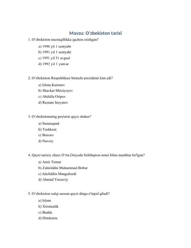 O'zbekiston tarixi test savollari
