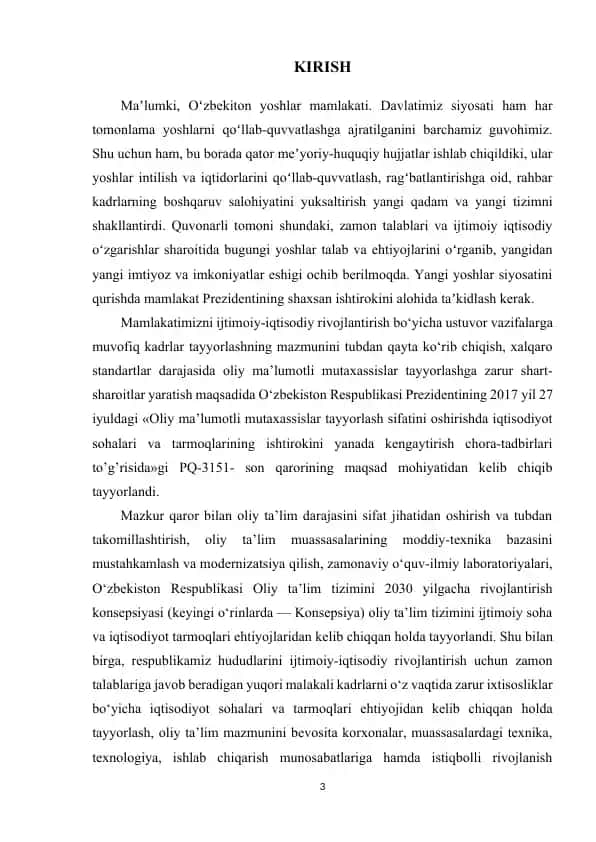 Oliy ma’lumotli mutaxassislar tayyorlash sifati