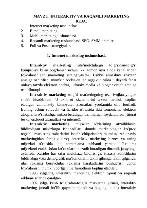 INTERAKTIV VA RAQAMLI MARKETING