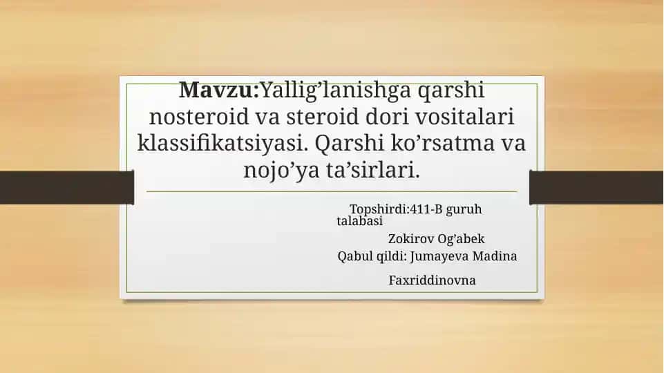 Yallig’lanishga qarshi nosteroid va steroid dori vositalari klassifikatsiyasi