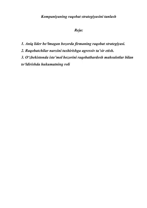 Kompaniyaning raqobat strategiyasini tanlash