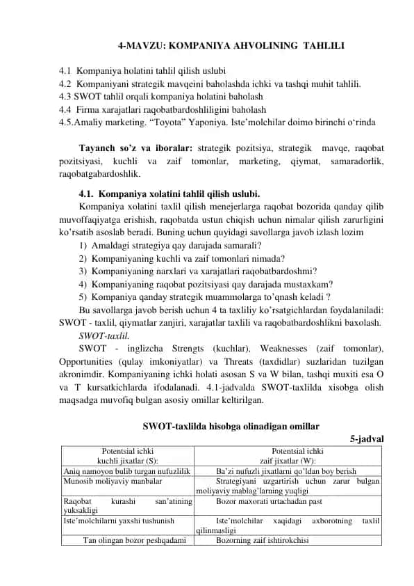 Kompaniya Ahvolining Tahlili